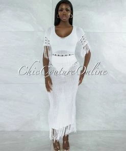 Vendor-unknown JUST IN Casina Off-White Crochet Cover-Up Fringe Maxi Dress