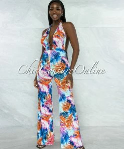 Vendor-unknown Magnolia Pink Blue Palm Print Halter Wide Jumpsuit