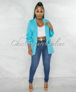 Chic Couture Online JUST IN Stephanelle Turquoise Ruched Sleeves Long Blazer