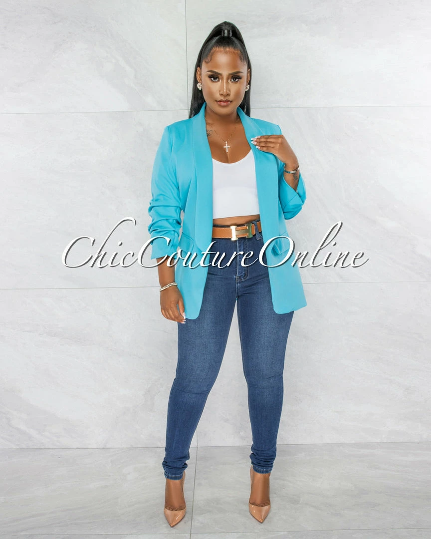 Chic Couture Online JUST IN Stephanelle Turquoise Ruched Sleeves Long Blazer