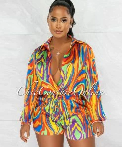Chic Couture Online Cavender Multi Color Retro Print Deep V-Neck Romper