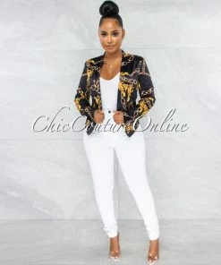 Vendor-unknown JUST IN Arizona Black Gold Print Satin Short Jacket