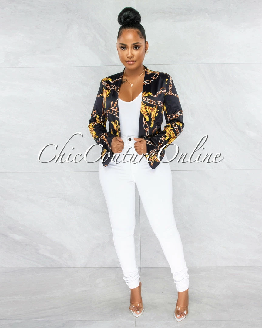 Vendor-unknown JUST IN Arizona Black Gold Print Satin Short Jacket