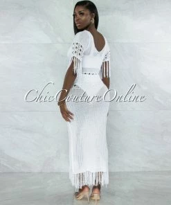 Vendor-unknown JUST IN Casina Off-White Crochet Cover-Up Fringe Maxi Dress