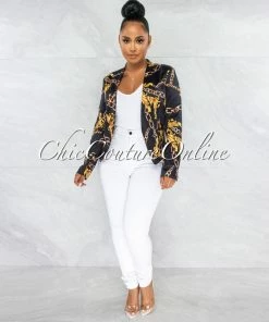 Vendor-unknown JUST IN Arizona Black Gold Print Satin Short Jacket