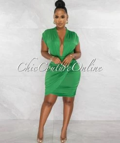 Chic Couture Online Ovida Kelly Green Draped Bodysuit & Overlay Skirt Set