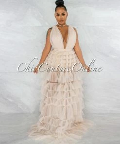 Chic Couture Online JUST IN Elektra Nude Tulle Tier Ruffle Maxi Dress
