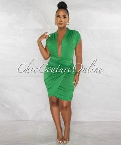 Chic Couture Online Ovida Kelly Green Draped Bodysuit & Overlay Skirt Set