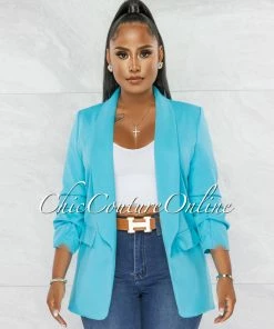 Chic Couture Online JUST IN Stephanelle Turquoise Ruched Sleeves Long Blazer
