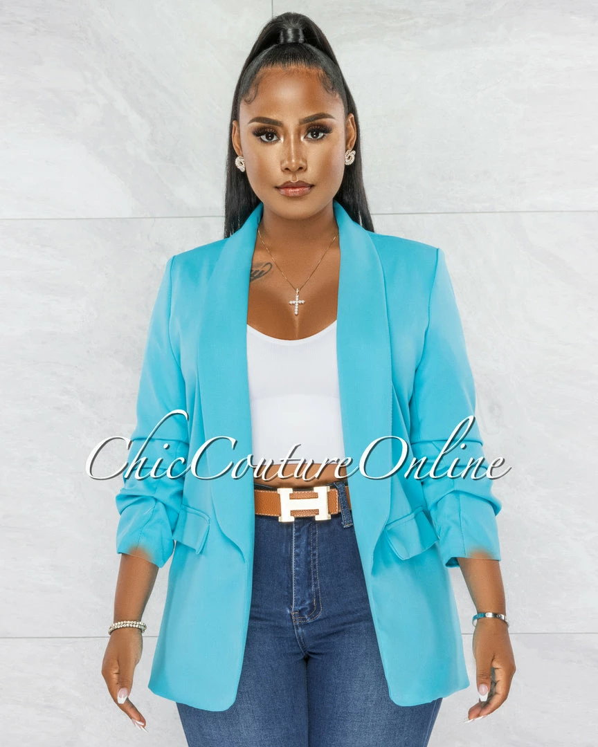 Chic Couture Online JUST IN Stephanelle Turquoise Ruched Sleeves Long Blazer