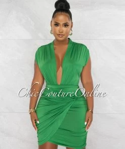 Chic Couture Online Ovida Kelly Green Draped Bodysuit & Overlay Skirt Set