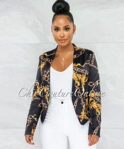 Vendor-unknown JUST IN Arizona Black Gold Print Satin Short Jacket