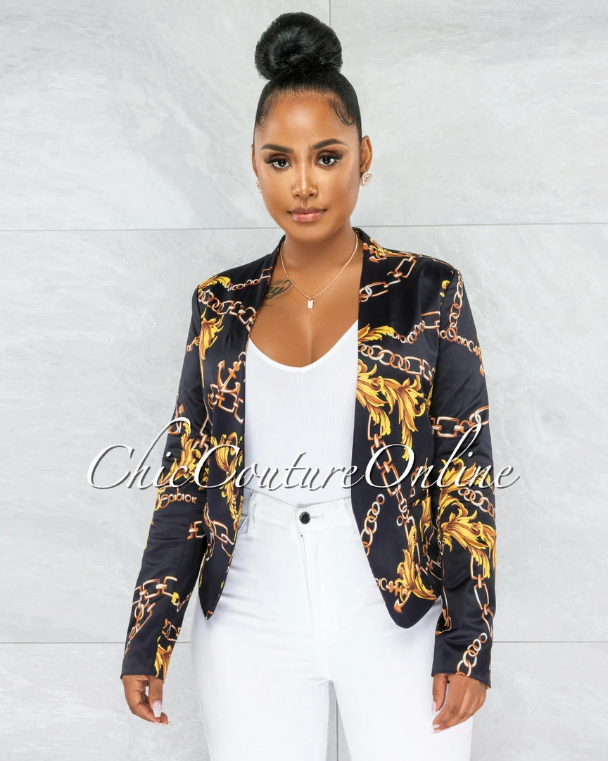 Vendor-unknown JUST IN Arizona Black Gold Print Satin Short Jacket