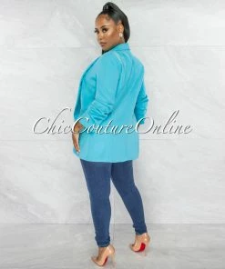 Chic Couture Online JUST IN Stephanelle Turquoise Ruched Sleeves Long Blazer
