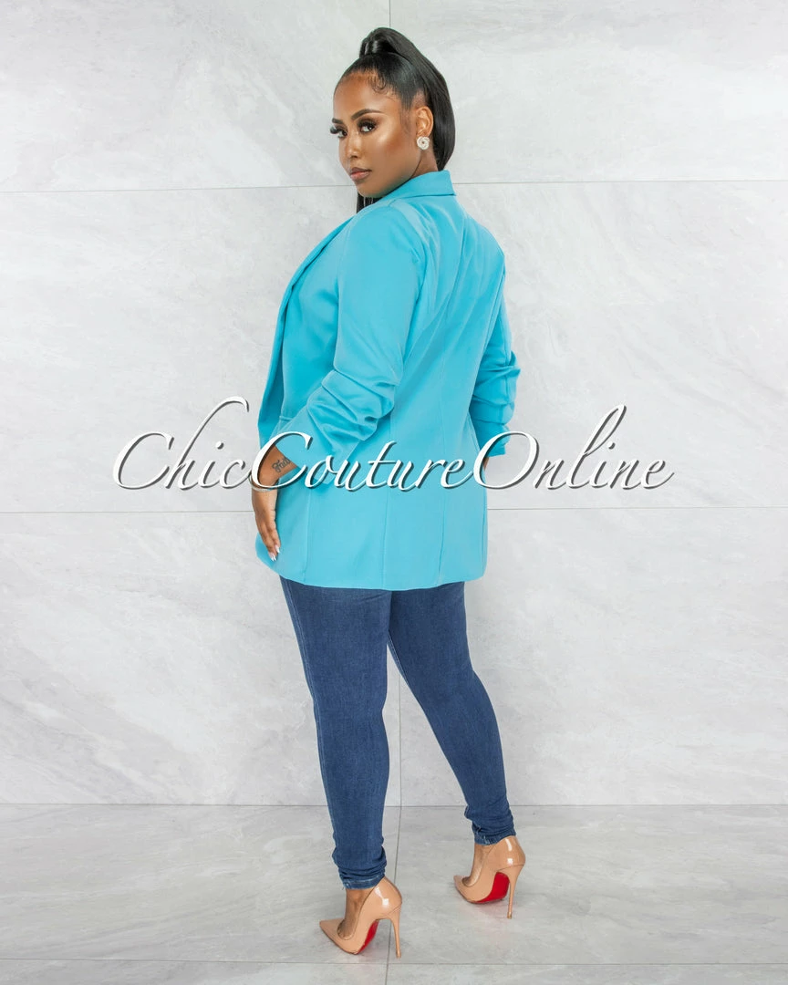 Chic Couture Online JUST IN Stephanelle Turquoise Ruched Sleeves Long Blazer