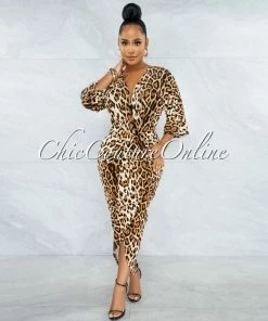 Vendor-unknown Rolanda Leopard Print Draped Front Slit Midi Dress
