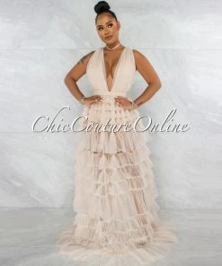 Chic Couture Online JUST IN Elektra Nude Tulle Tier Ruffle Maxi Dress