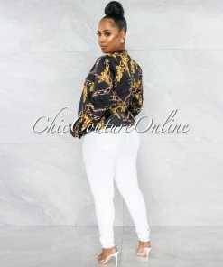Vendor-unknown JUST IN Arizona Black Gold Print Satin Short Jacket