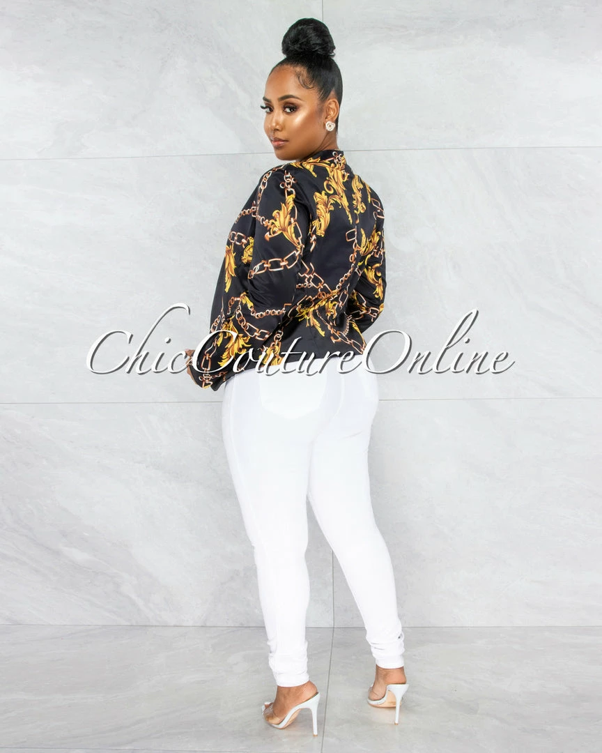 Vendor-unknown JUST IN Arizona Black Gold Print Satin Short Jacket