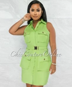 Vendor-unknown Prosper Lime Green Cargo Utility Shirt Dress