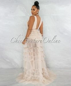 Chic Couture Online JUST IN Elektra Nude Tulle Tier Ruffle Maxi Dress