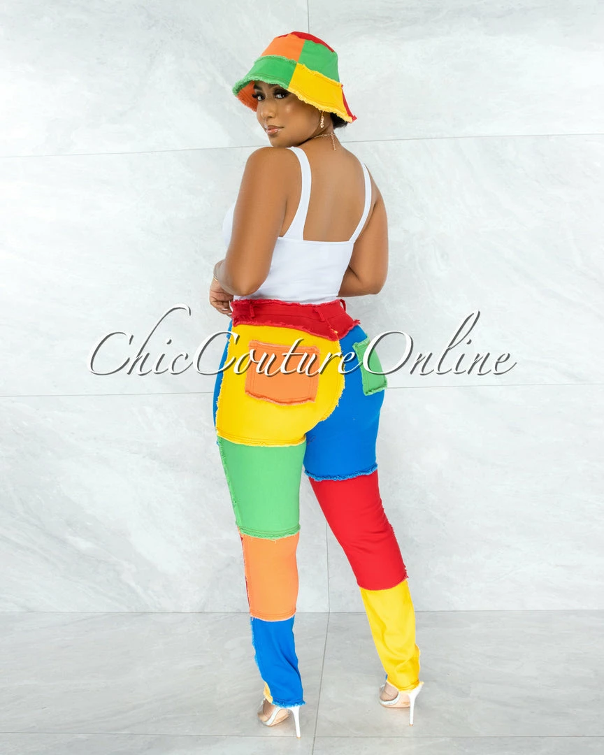 Vendor-unknown Nisha Vibrant Multi Color-Block Skinny Jeans Set JUST IN