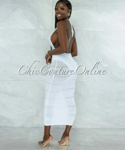 Vendor-unknown JUST IN Uriella White Perforated Halter Maxi Dress