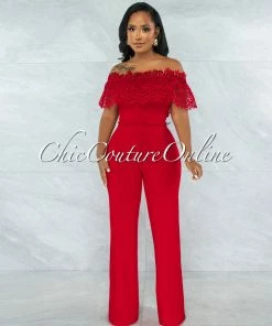 Vendor-unknown JUST IN Amaretto Rustic Red Off-The Shoulder Crochet Top Jumpsuit