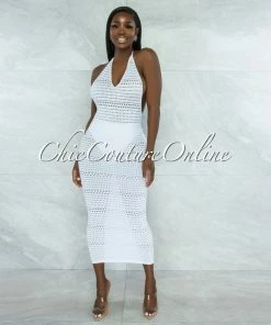 Vendor-unknown JUST IN Uriella White Perforated Halter Maxi Dress