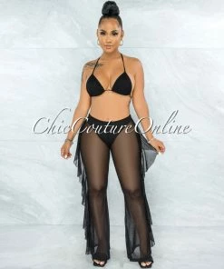 Vendor-unknown Yardley Black Mesh Cover-Up Ruffle Pants Set SWIM
