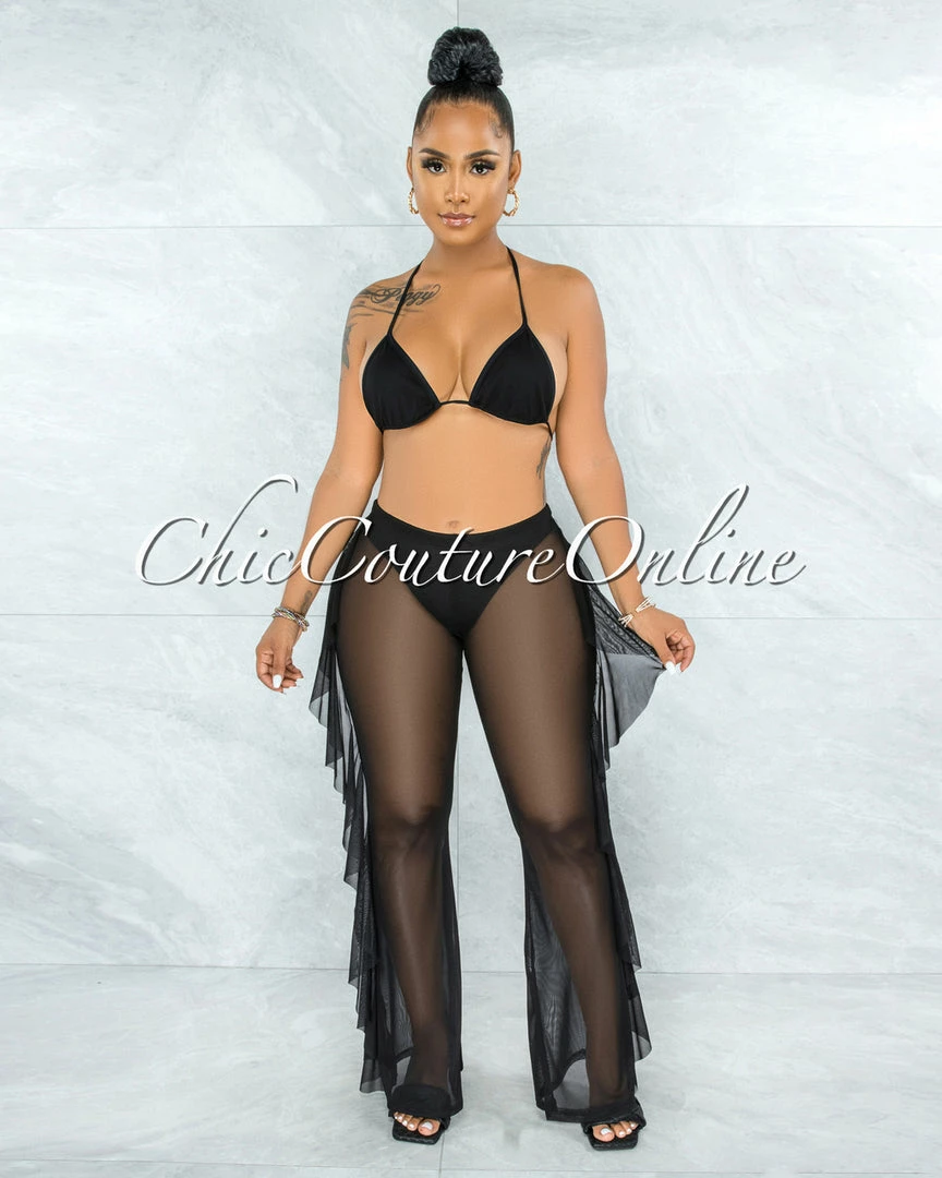 Vendor-unknown Yardley Black Mesh Cover-Up Ruffle Pants Set SWIM