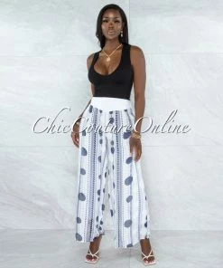 Vendor-unknown Chanan Off-White Grey Polka Dots Wide Legs Waistband Pants