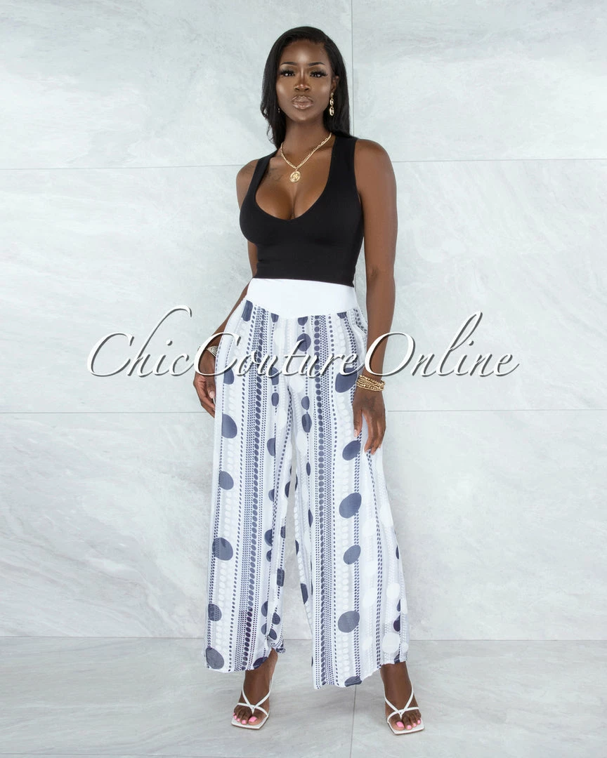 Vendor-unknown Chanan Off-White Grey Polka Dots Wide Legs Waistband Pants