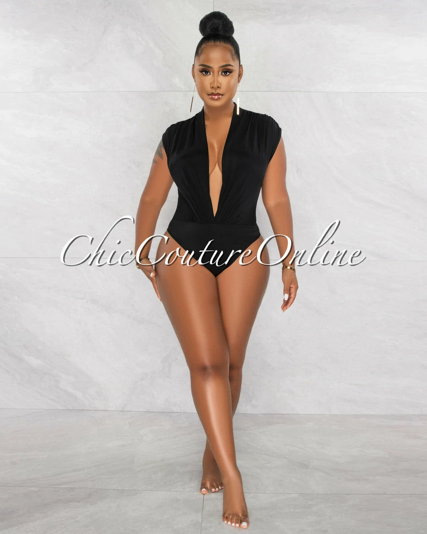 Chic Couture Online JUST IN Ovida Black Draped Bodysuit & Overlay Skirt Set