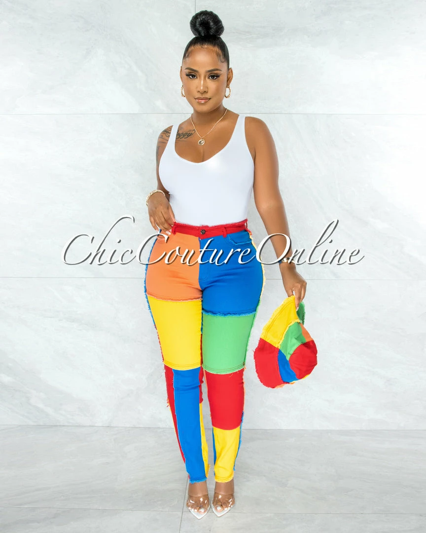 Vendor-unknown Nisha Vibrant Multi Color-Block Skinny Jeans Set JUST IN