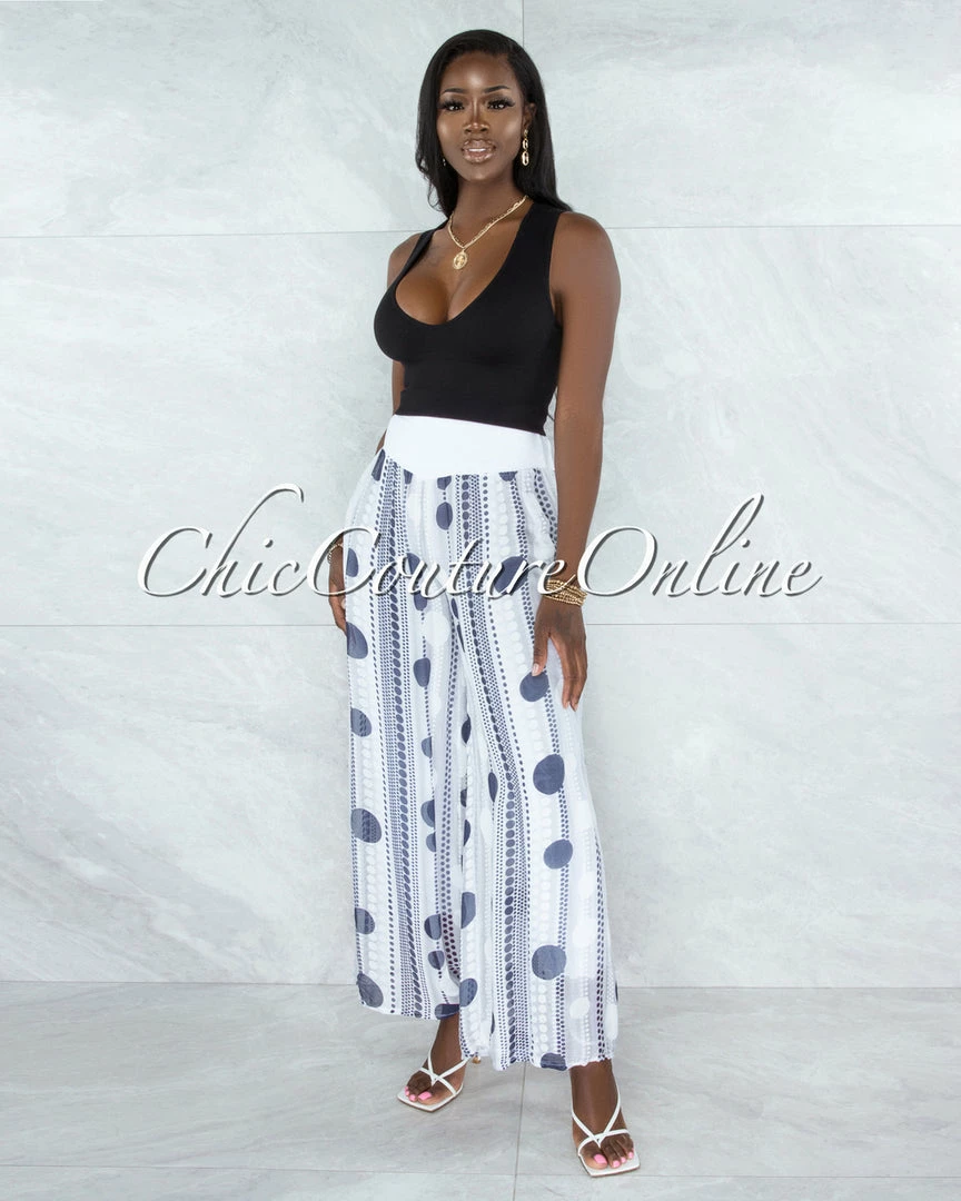 Vendor-unknown Chanan Off-White Grey Polka Dots Wide Legs Waistband Pants