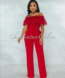 Vendor-unknown JUST IN Amaretto Rustic Red Off-The Shoulder Crochet Top Jumpsuit