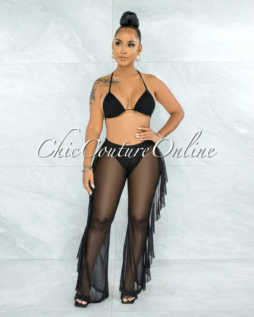 Vendor-unknown Yardley Black Mesh Cover-Up Ruffle Pants Set SWIM