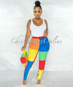 Vendor-unknown Nisha Vibrant Multi Color-Block Skinny Jeans Set JUST IN