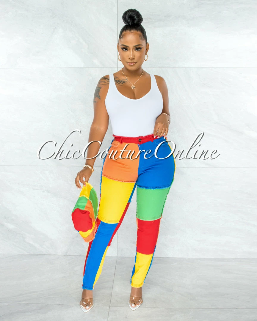 Vendor-unknown Nisha Vibrant Multi Color-Block Skinny Jeans Set JUST IN
