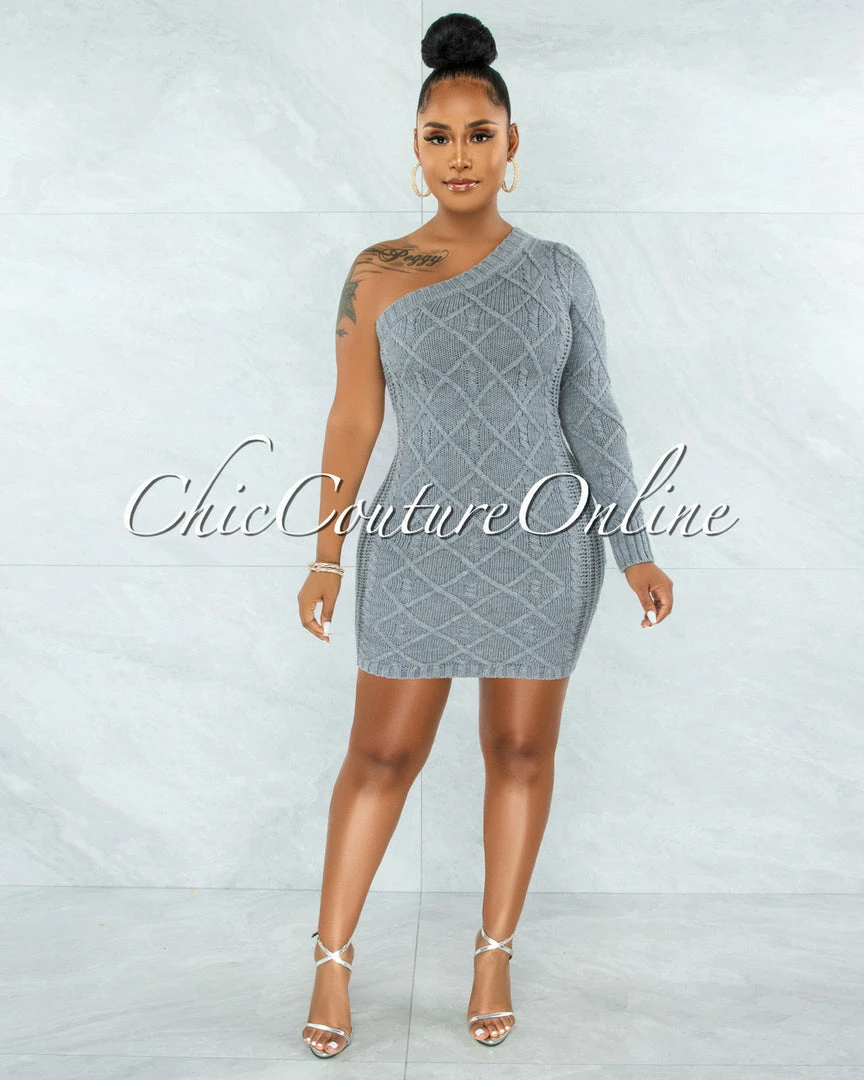 Chic Couture Online Ewing Grey Cable Knit Single Shoulder Dress JUST IN