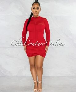Chic Couture Online Yalina Red Mesh Ruched Padded Cups Dress JUST IN