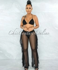 Vendor-unknown Yardley Black Mesh Cover-Up Ruffle Pants Set SWIM