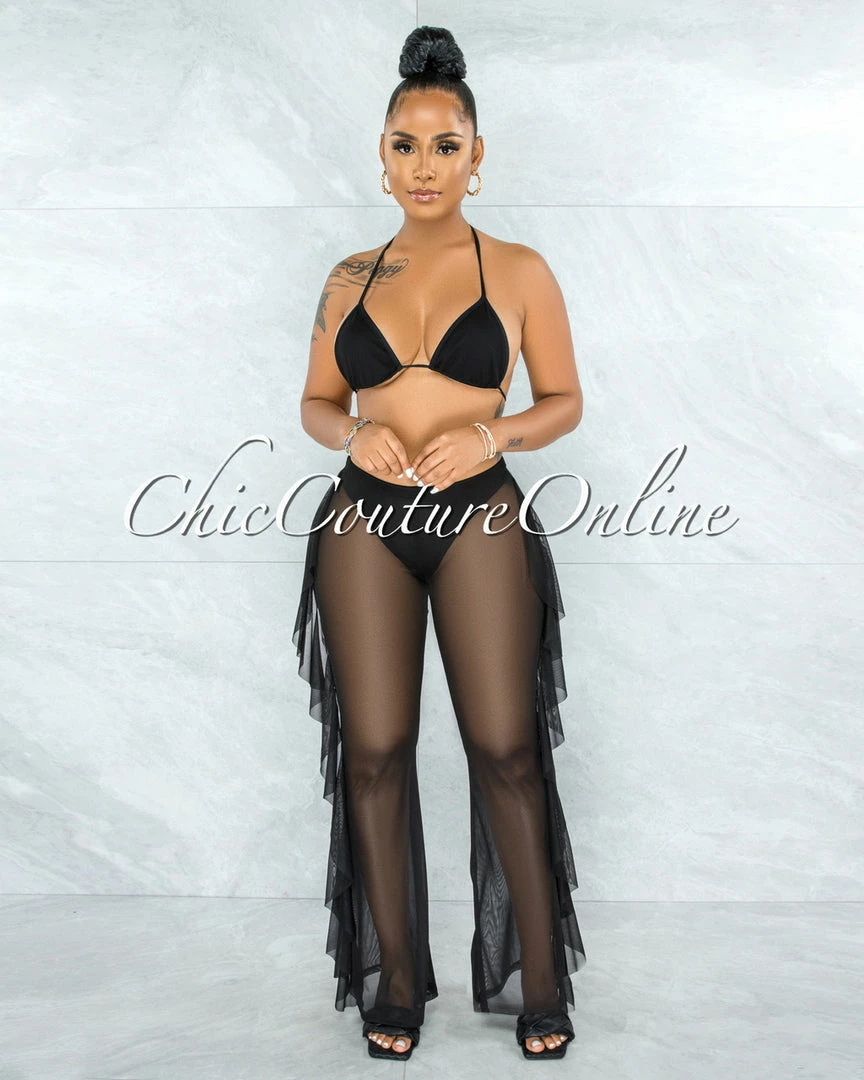 Vendor-unknown Yardley Black Mesh Cover-Up Ruffle Pants Set SWIM