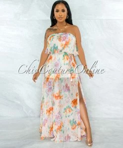 Chic Couture Online Cinco Nude Lilac Print Print Overlay Ruffle Maxi Dress