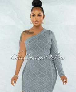 Chic Couture Online Ewing Grey Cable Knit Single Shoulder Dress JUST IN