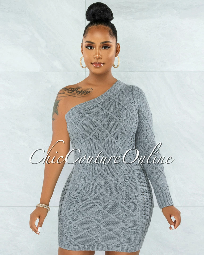 Chic Couture Online Ewing Grey Cable Knit Single Shoulder Dress JUST IN