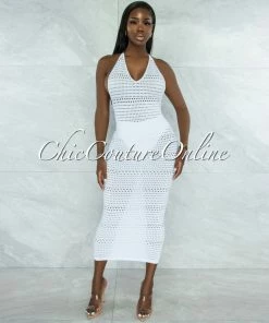 Vendor-unknown JUST IN Uriella White Perforated Halter Maxi Dress