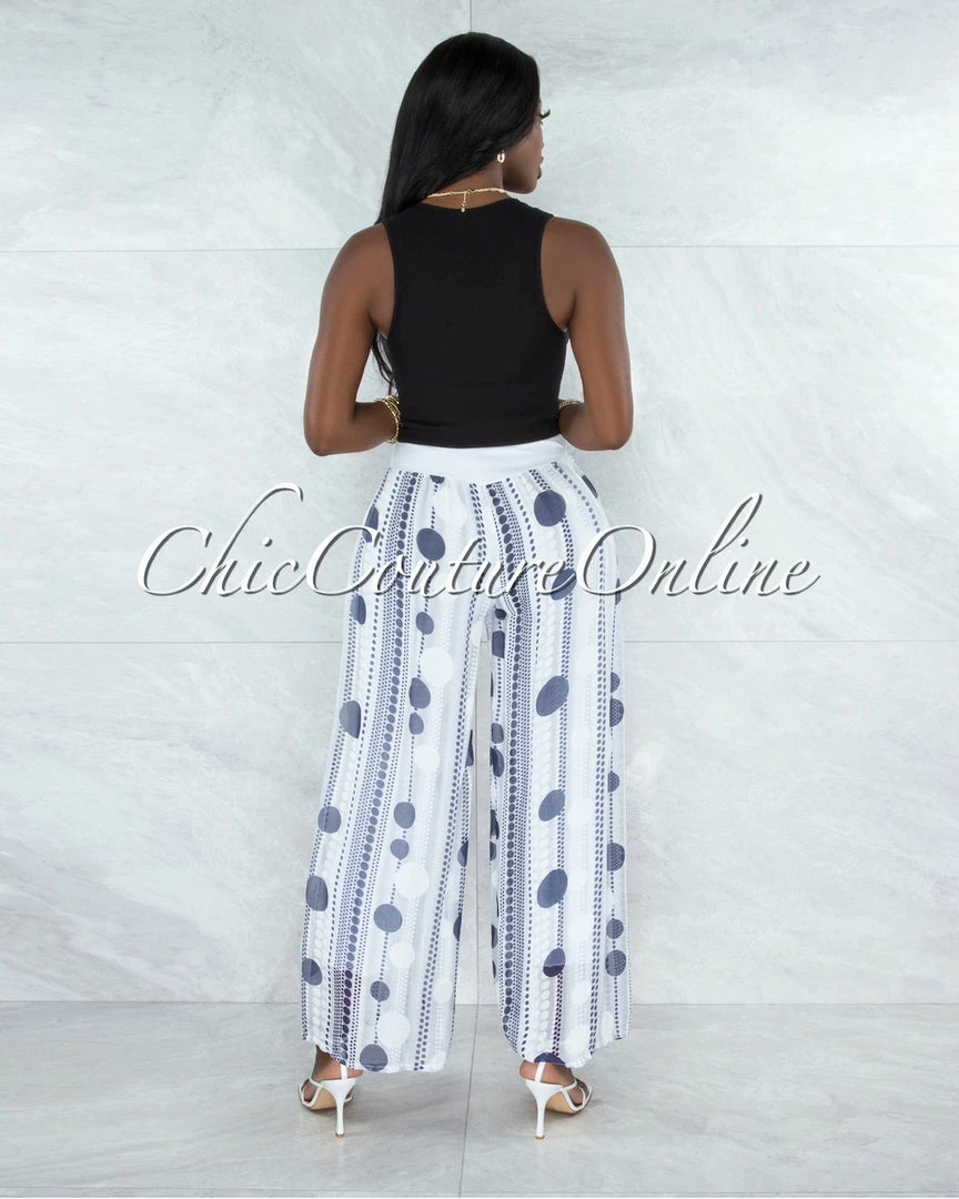 Vendor-unknown Chanan Off-White Grey Polka Dots Wide Legs Waistband Pants