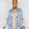 Chic Couture Online Carter Baby Blue Print Buttoned Semi-Sheer Blouse JUST IN